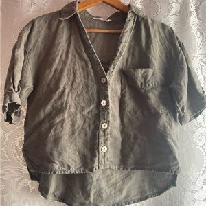 Olive Green 100% Linen Loose Women's Cropped Button-Up Top with Half Sleeves